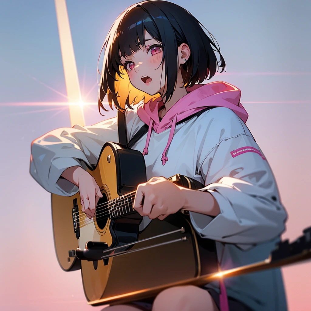 Girl with Guitar,hoodie one girl, High resolution, Bob Hair, Hide your ears, Open your mouth, Open your mouth a little, Pink eyes, Lonely, Feet out of frame, Focus: 35mm, Simple Background, earphone, Lens flare, Artistic, realism, Portrait Photography, 日本のIllustrationスタイル, Illustration, Black Hair