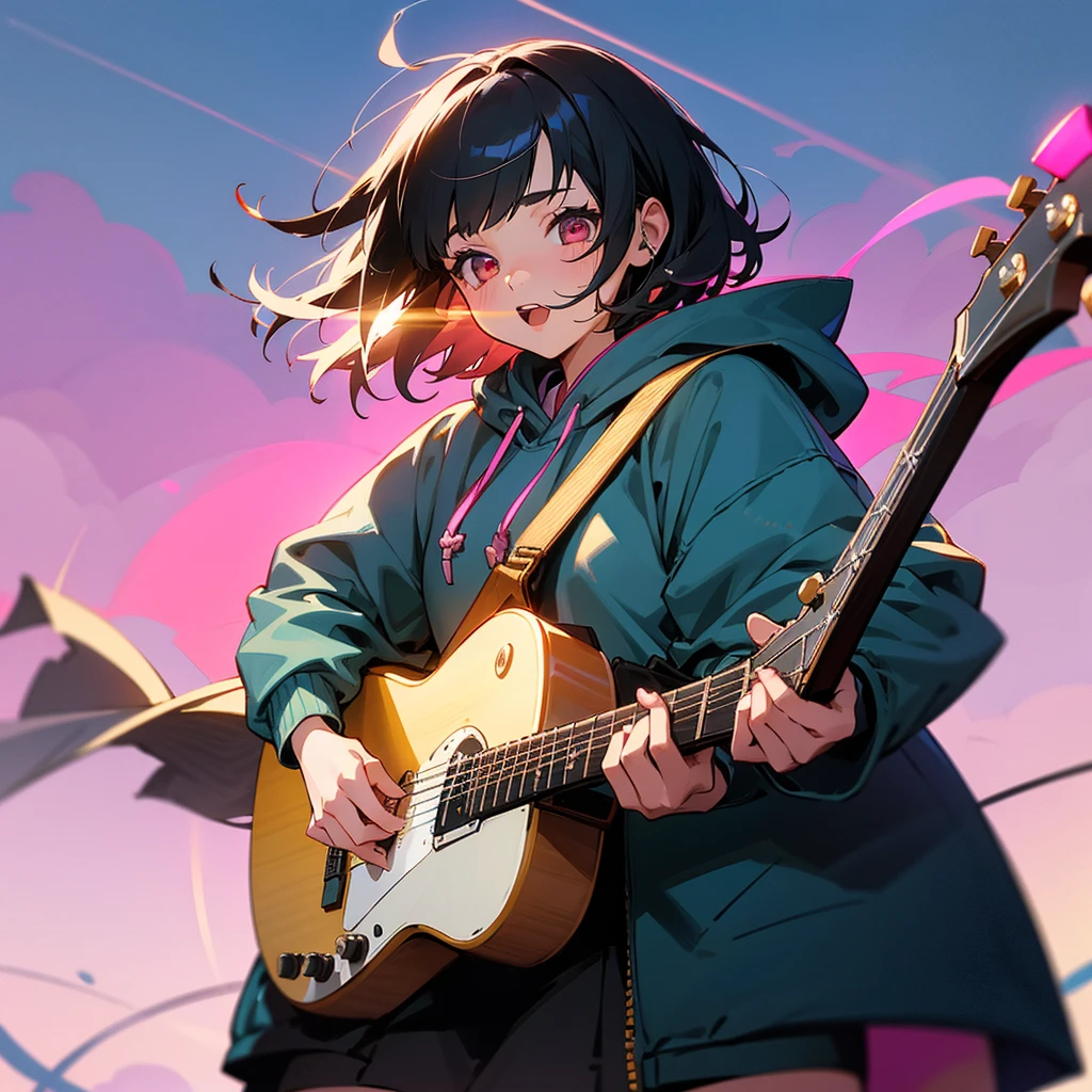 Girl with Guitar,hoodie one girl, High resolution, Bob Hair, Hide your ears, Open your mouth, Open your mouth a little, Pink eyes, Lonely, Feet out of frame, Focus: 35mm, Simple Background, earphone, Lens flare, Artistic, realism, Portrait Photography, 日本のIllustrationスタイル, Illustration, Black Hair