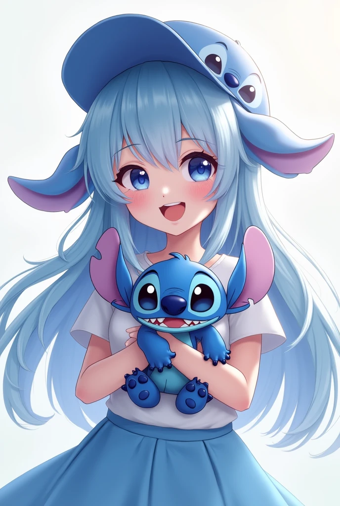 1 girl, wearing a stich cap, her stich t-shirt, light blue skirt, in her hand a stich stuffed animal, light blue hair, long and fringed. 