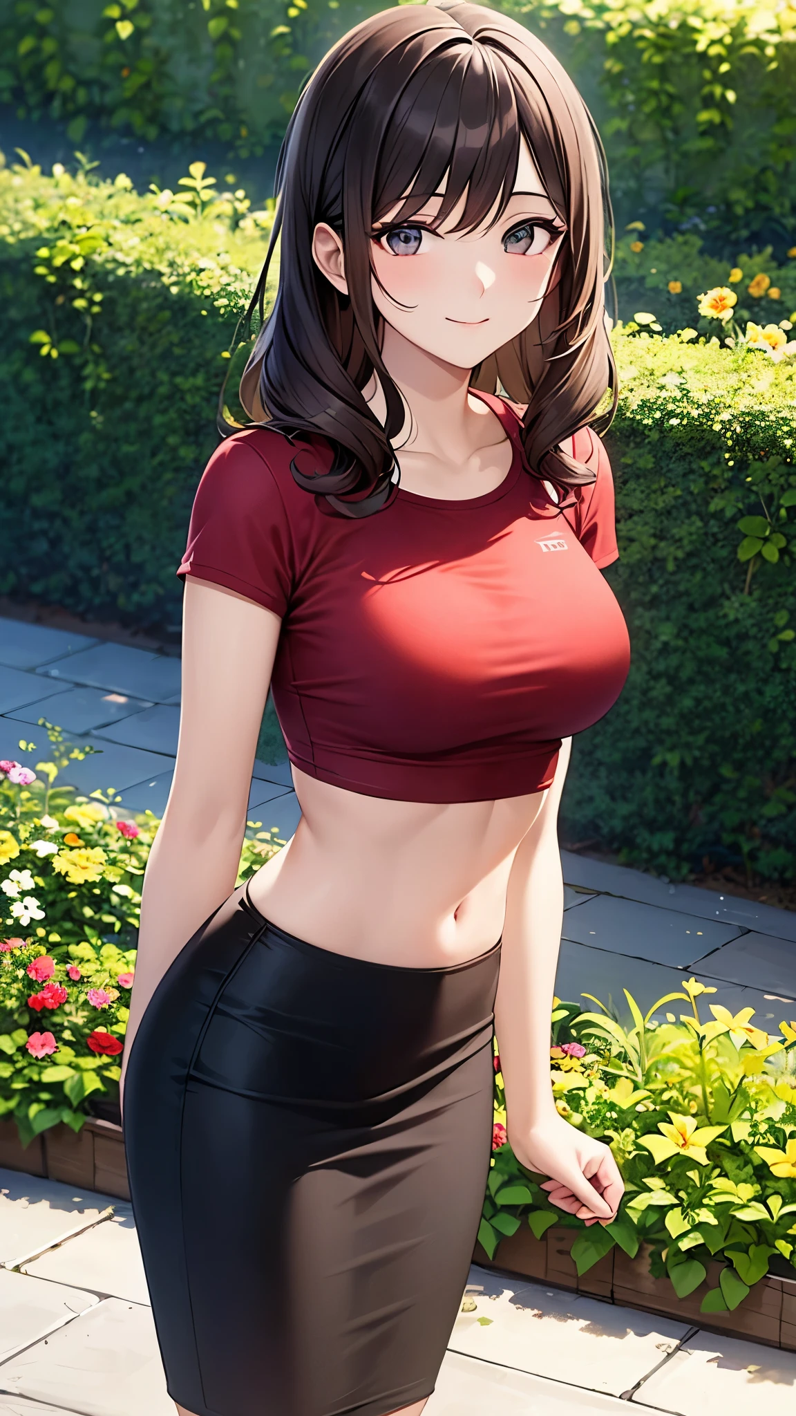 masterpiece, best quality, high detail, beautiful woman, wavy hair, dark brown hair, large bust, red t-shirt, long black pencil skirt, midriff, upper body, sneakers, looking at viewer, light smile, garden, backyard,