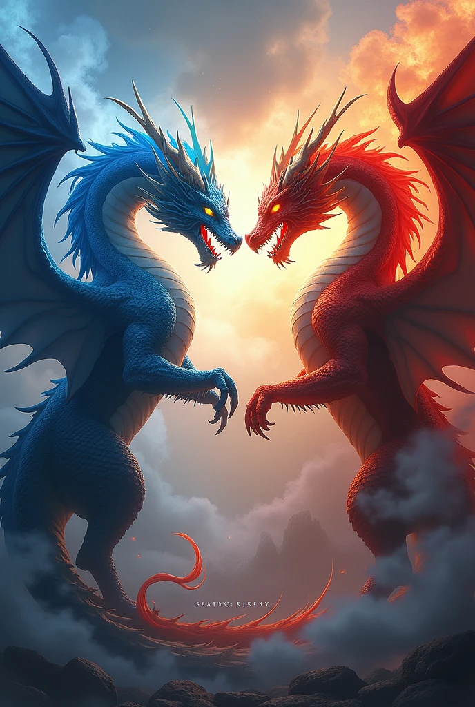 I would like you to create an art with the Dragon Rider's logo with two dragons behind, one blue and one red facing each other, needs to have a logo with the name mentioned below