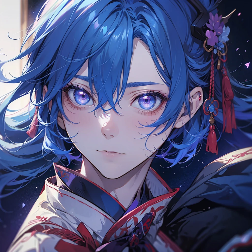 Man, handsome, refreshing, blue hair, red demon-like horns, gentle eyes, blue kimono, one purple hair, horns as the only decoration on his head, short hair