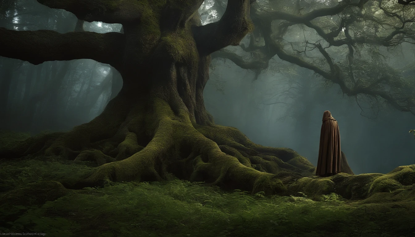 At the heart of the forest, they came upon a massive tree, its roots twisting into the earth like the fingers of a giant. The stranger turned to the king talking to him in a warning manner.
The stranger is drapes in a cloak of shadows, his face is hidden.
The king is an old wise looking man dressed in regal but worn-out attire,