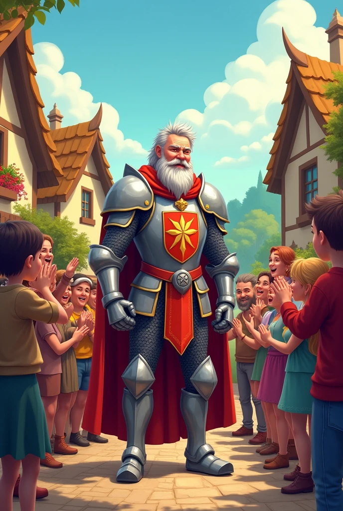 A medieval knight in a children's cartoon style in a village being applauded by happy villagers for his feat.