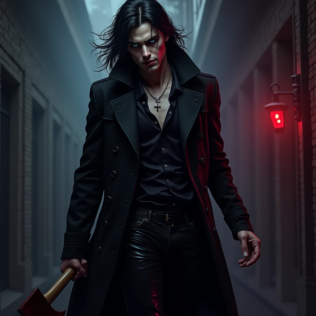 A sexy male with black long hair, teal blue eyes, and delicate facial features. He is wearing a black trench coat and black shiny leather jeans. He has a bloody axe in his hand. Blood splattered on his clothes. He is a wanted serial killer. (No facial hair) (no body hair) (black and purple) (gloomy atmosphere) (Mysterious atmosphere) (((male))) (((a seductive male))) ((best quality)), ((masterpiece)), (detailed). (no facial or body hair) (((MALE))) ((((BOY)))) (Make it realistic) ((Make it a sexy male) he is smirking at the camera and looking down. He looks mysterious. Blood dripping from his clothes.