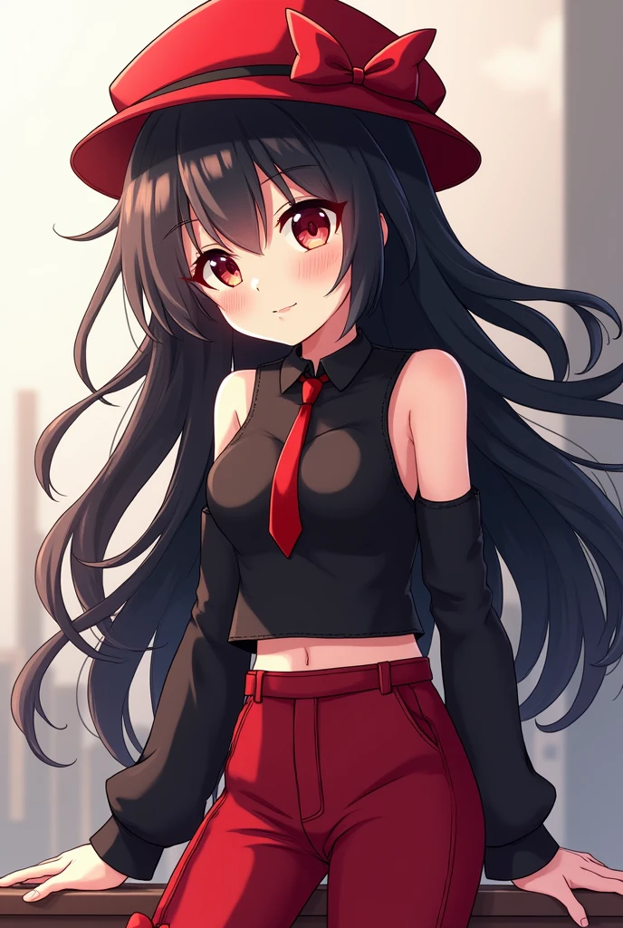 She is a girl with black hair, a red hat, black flirty clothes and a y2k vesh pants anime girl