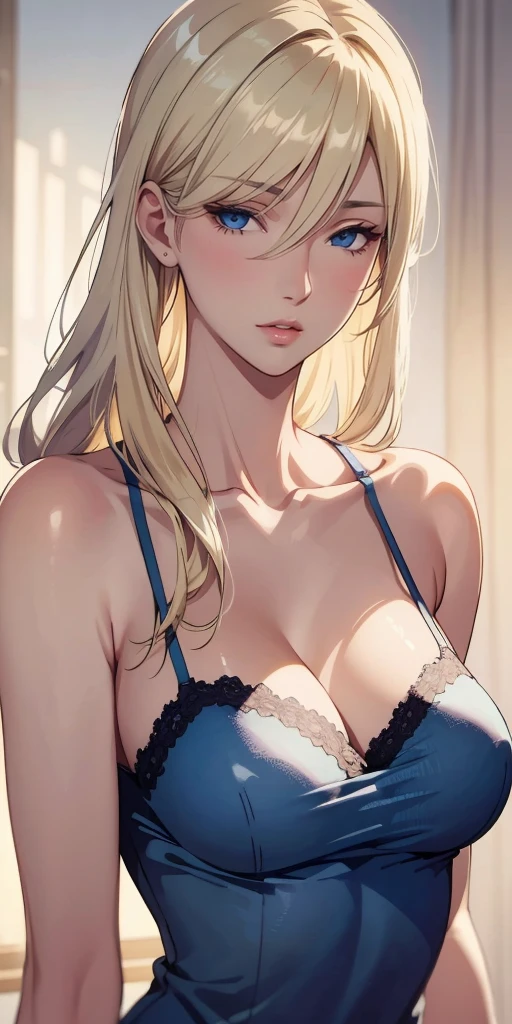 elegant mature woman, blonde hair, blue eyes, soft light, 4k resolution, high detailed, high quality, beautiful cg