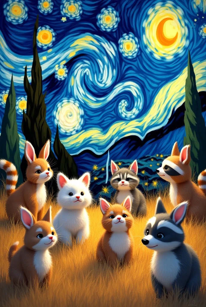 Cute animals with Van Gogh artwork background