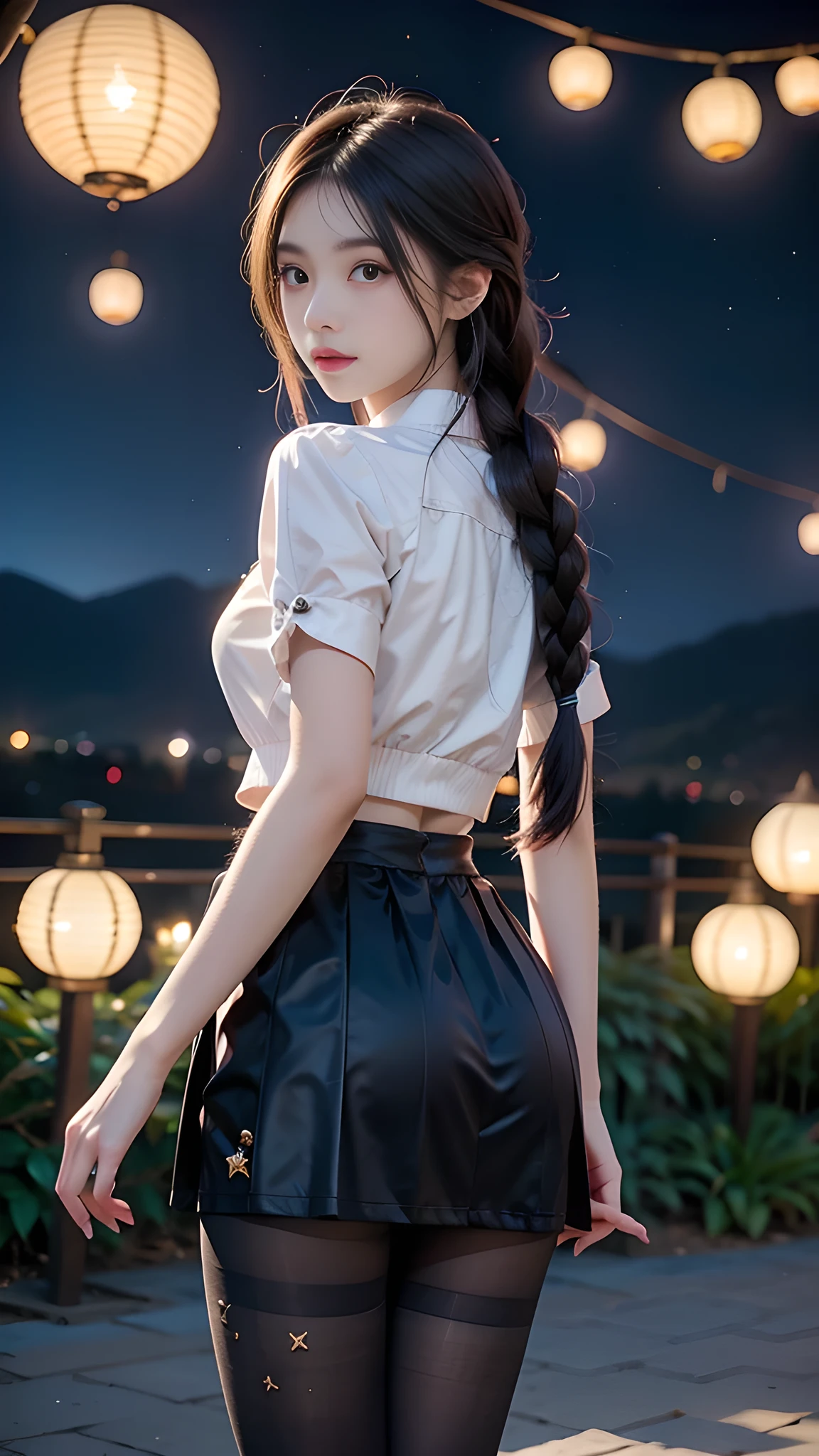 ulzzang-6500-v1.1, (RAW photo: 1.2), (Real photo), (Real photo: 1.4), 1 girl、Perfect anatomy、19 years old、Looking at the camera、((from behind)), Medium length hair、side braids, uniform short skirt, in a surreal royal garden, with many hanging lanterns, under the starry night sky, ((starry night: 1.1))、(Surreal tights: 1.2), (Business service)、Asian eyes Ella,