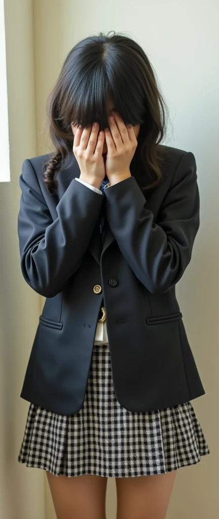 One boy, Jacket, tie, Checked mini skirt, Childhood friend, Women's uniforms, Women, Embarrassing , To hide one's face with one's hands, Wig