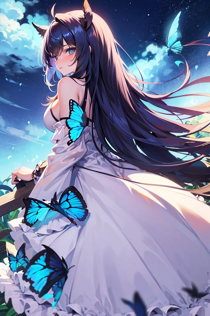 meilleur qualité, Jeune femme papillon, cheveux bleu nuit, une (gigantesque poitrine:1.4), antenne d'insecte sur la tête, ailes de papillon, tenue sexy, dans une nuit étoilée