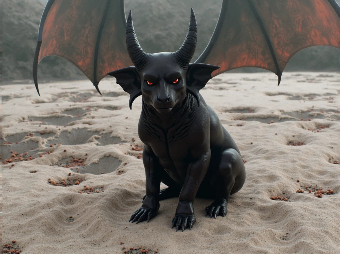 demon horns, red bat wings, glowing fierce red eyes, cujo, horror, hellraiser dog,