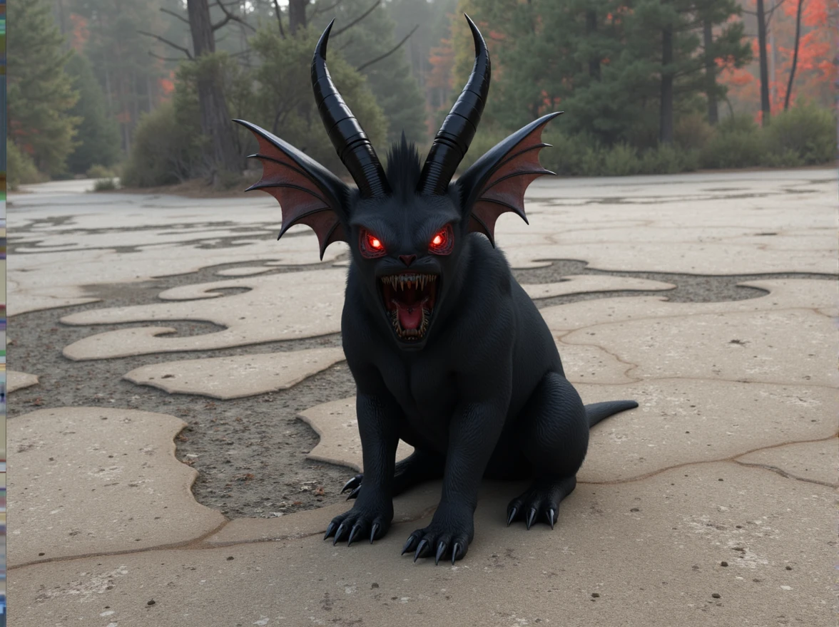 demon horns, red bat wings, glowing fierce red eyes, cujo, horror, hellraiser dog,