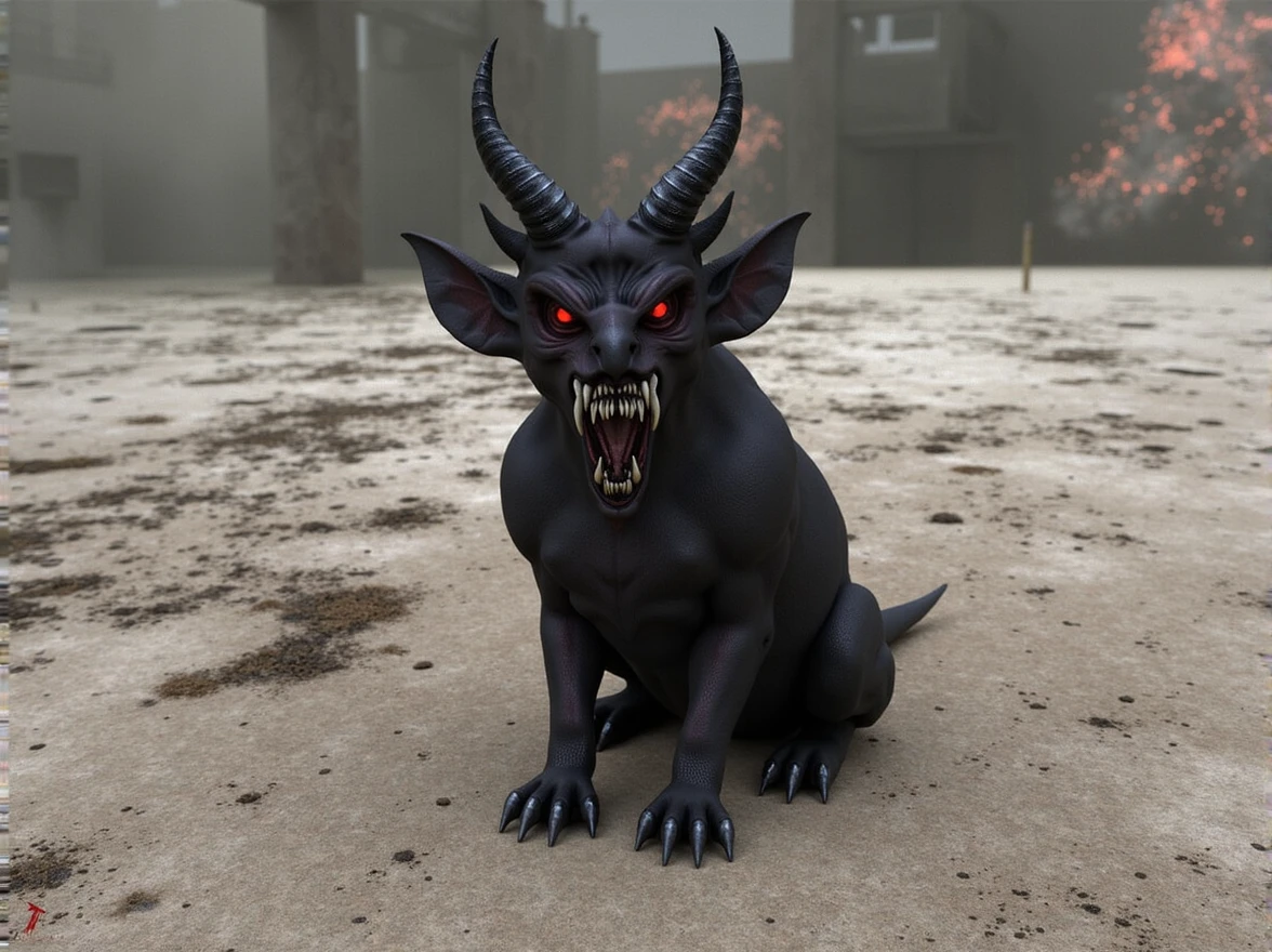 demon horns, red bat wings, glowing red eyes, cujo, horror, hellraiser dog,