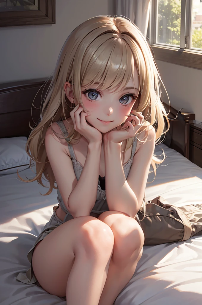 Best Quality,High resolution,8k,finelity detailed background,Masterpiece:1.2),beautiful girl,Shiny khaki hair,messy hair,khaki eyes,Gentle look,A refreshing look,smile,Best quality,Best Quality,Aesthetic and aesthetic:1.2,Best details((Super detailed))(High-definition CG illustrations),Dark grey underwear, (dark gray),Slender body,morning,Sun light,Bedroom,On the bed,smile,blush,cute,Scrounge,Looking up,Being spoiled,super model,wariza,shoot from,below