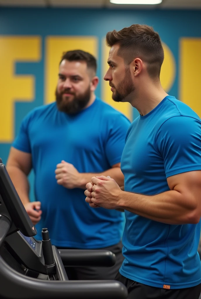 Make a bodybuilding trainer in a blue t-shirt seriously motivating a chubby student who is running on the treadmill in a blue t-shirt . Make it with a background written FEPI with the colors blue and yellow.