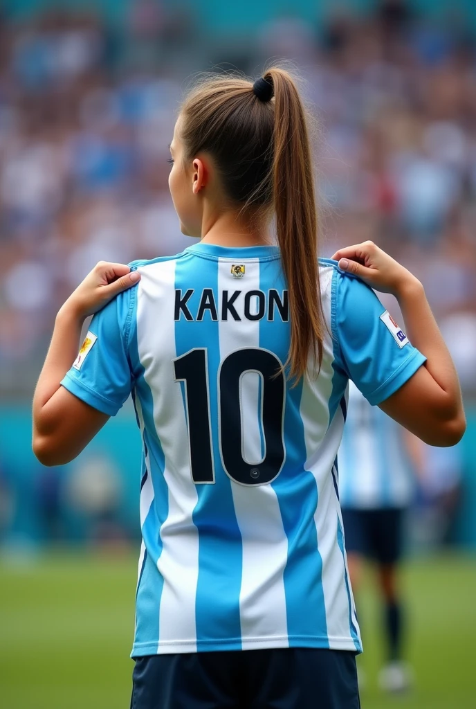 A girl showing her jersey to the audience, put name KAKON and jersey number 10. Jersey should be argentina football team.also put argentina logo. Girl should show the backpart.not face