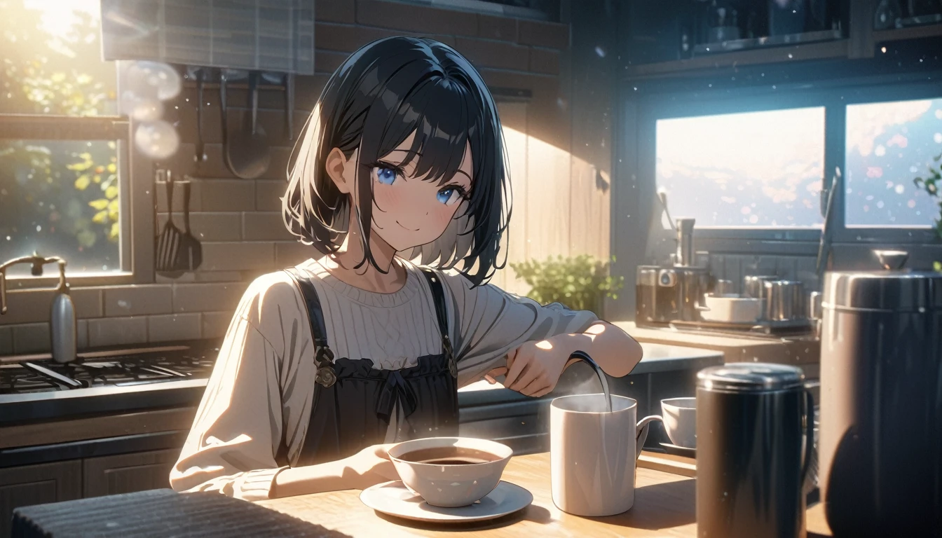 ((ultra-detailed))/three women: (one women with short black hair and bob hair.、beautiful blue eyes,.、smile、gentle smile on her face、flat chest, one Beautiful girl,((masterpiece, illustration, best quality) ((ultra-detailed))/),a girl at her home kitchen making a cup of coffee during the morning,濃い青とBeautiful Blueのグラデーション, High resolution, 8K HD detail, hyper-detail, cinematic, surrealism, soft light, deep field focus bokeh, ray tracing and surrealism. --v6