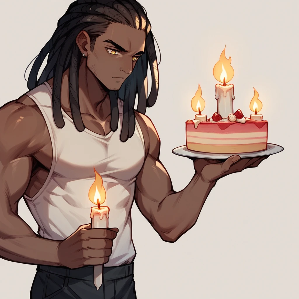A very handsome, slim, young dark-skinned man, yellow eyes, long white dreadlocks, holds a cake with candles
