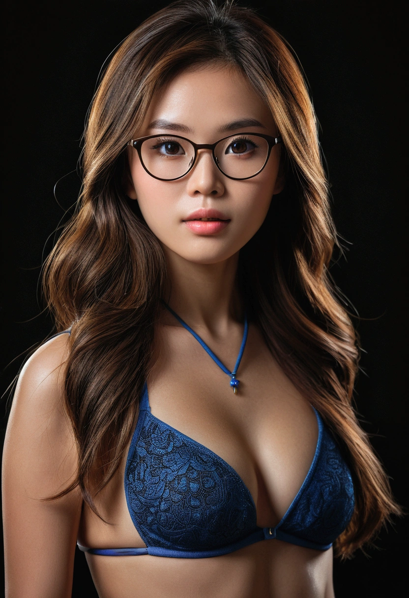Best quality, Vietnamese, age25, ultra high res, (photorealistic:1.37), raw photo, 1girl, long brown hair, beautiful eyes, beautiful face, detailed eyes and face, eye glasses, bikini, dynamic lighting, in the dark, deep shadow, low key