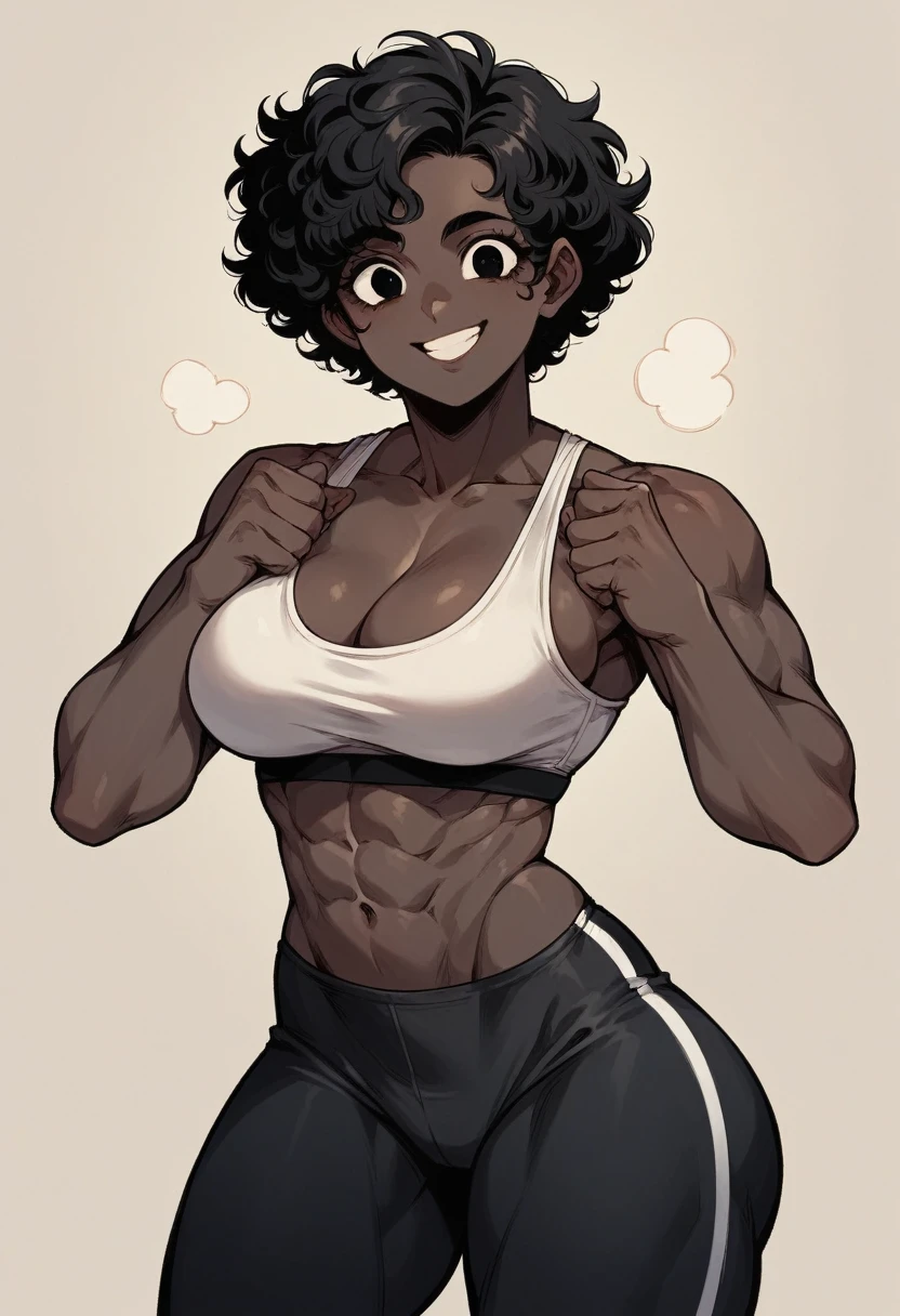Masterpiece, 1 girl, black skin, muscular, black hair, short hair, curly hair, wide hips, black eyes, big breasts, round ass, sports bra, leggins, slutty, cute face, muscle mommy, smile, flirting
