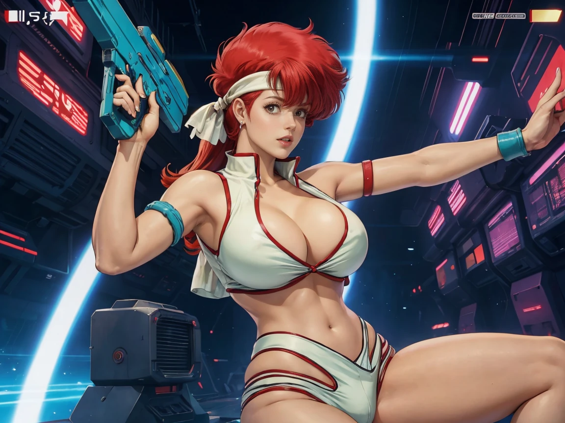 Kei from The Dirty Pair wearing a skimpy white outfit, cleavage, bushy red hair beauty, cyberpunk city background, holding retro space-gun, green headband