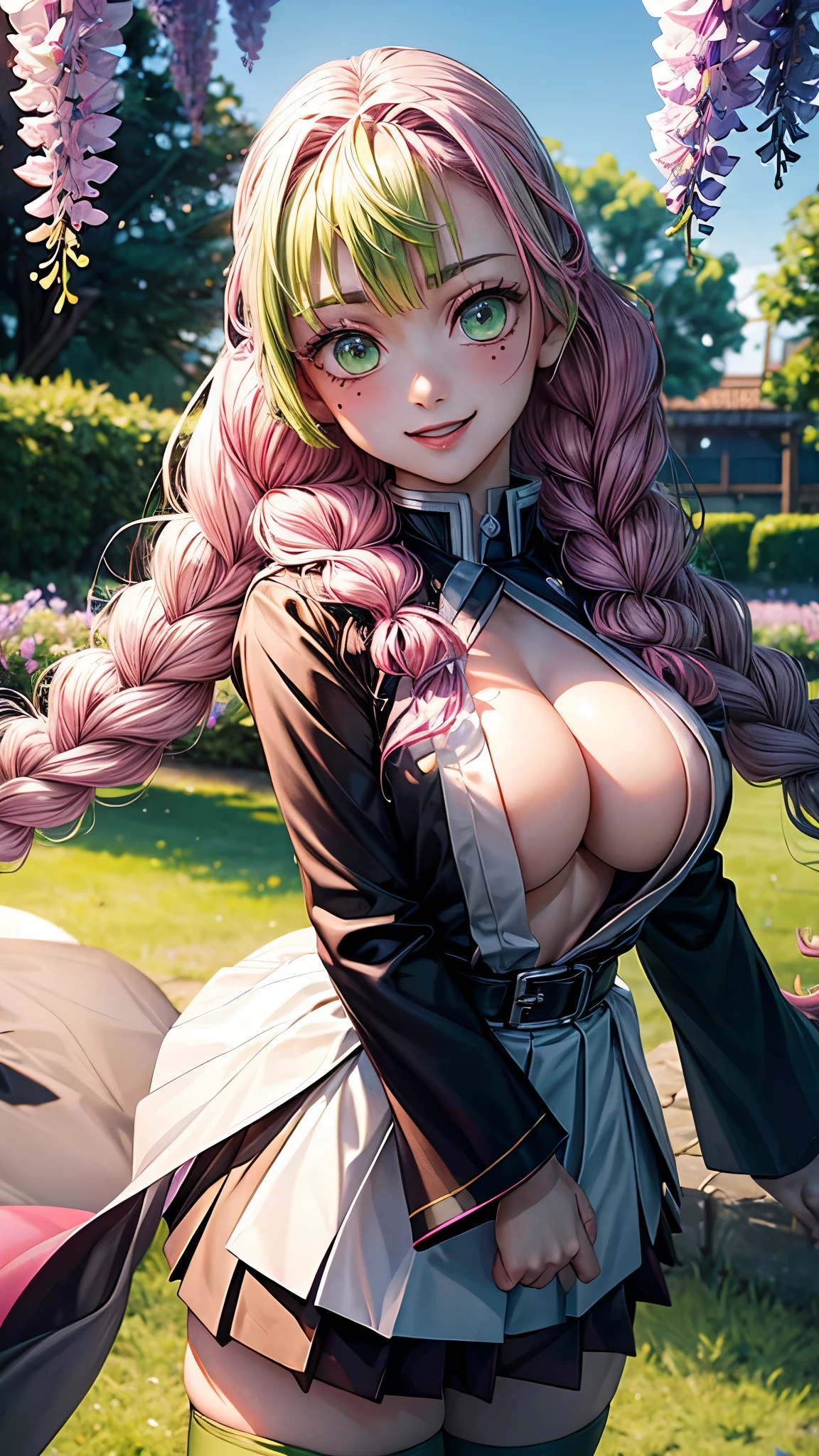 Potrait of beautiful MitsuruDS,(masterpiece, Highest quality:1.3), (Super detailed:1.4),(Super detailed顔:1.2),(Super detailed目:1.2), (hyperRealistic:1.3), (RAW Photos:1.2), High-definition RAW color photos, Professional photos, (PhotoRealistic:1.4), (Realistic:1.4),8k,Professional Lighting, Perfect Anatomy, BREAK,(Big Breasts:1.6),(blush:1.2),(Bright smile:1.2),detail, Sharp focus, dramatic,(sexy angle:1.2),Wisteria field,(black demon slayer uniform:1.2), long sleeves, japanese clothes, cleavage, open clothes,White belt,White Haori,black skirt,black jacket,pleated skirt, green thighhighs, zettai_ryouiki, BREAK,Bright green eyes,(Two-tone hair,Pink Hair,hair with green tips:1,2),mole under eyes,