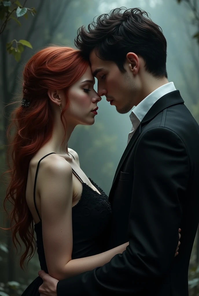A cover for a dark romance book about vampires and humans ,the girl is human, redhead, brunette, slightly stuffed and the boy is a white vampire, black hair and dark eyes, They have approximately the appearance of 17 year olds/21 years,he doesn&#39;t have a beard,It is very white and tall,She is a little chubby and smaller in size 