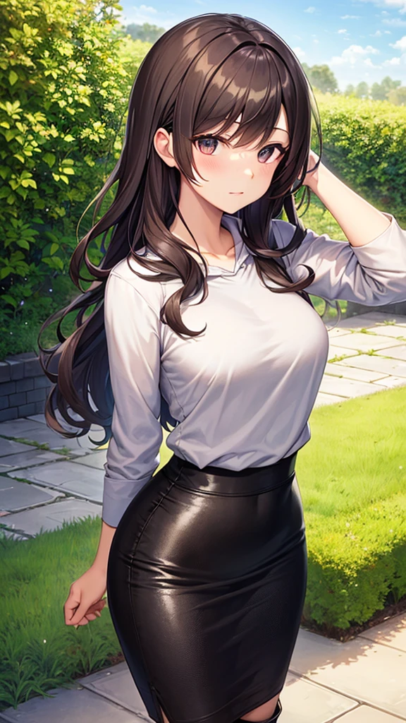 masterpiece, best quality, high detail, beautiful woman, wavy hair, dark brown hair, gray hoodie, black maxi pencil skirt, long black pencil skirt, upper body, leather boots, looking at viewer, hand behind head, garden, backyard,