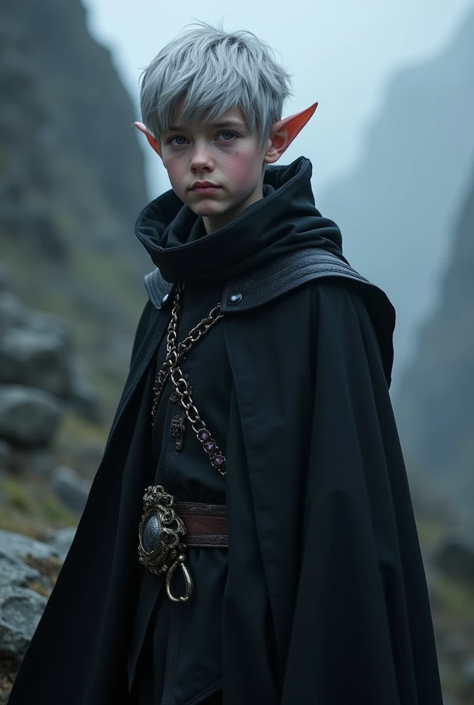 A high-fantasy horror, dark lord, a teenager half-elf boy with silver short hair and purple eyes, Dark wizard, A boy wearing a black long cloak, dark mountains, younger half-elf sorcerer, Elvish ears, realism 