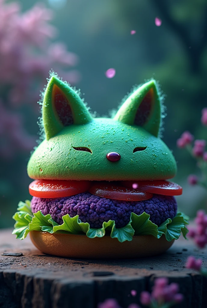 A realistic green and purple colored burger with a visible kitsune theme/foxyms