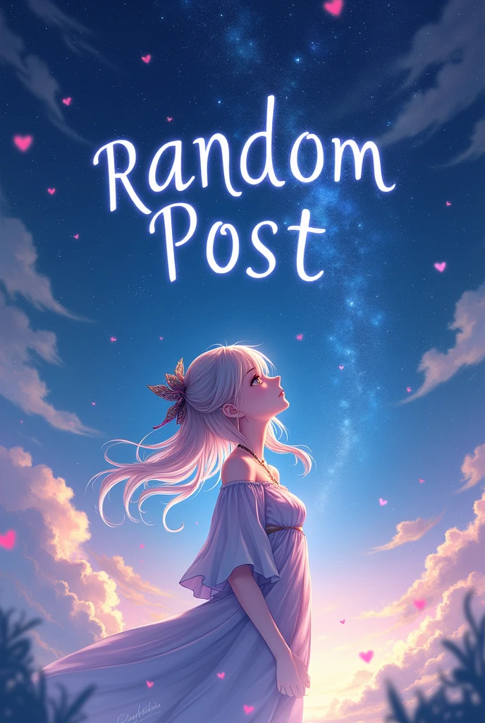 Make a 700 x 700 image with a star and sky setting with anime and a Genshin Impact style anime girl holding the Random Post text above it