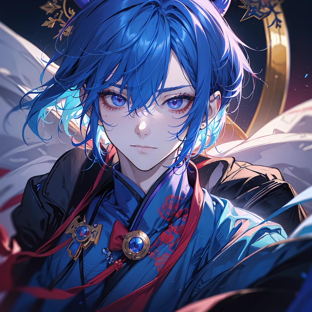 Man, handsome, refreshing, blue hair, red demon-like horns, gentle eyes, blue kimono, one purple hair, horns as the only decoration on his head, short hair
