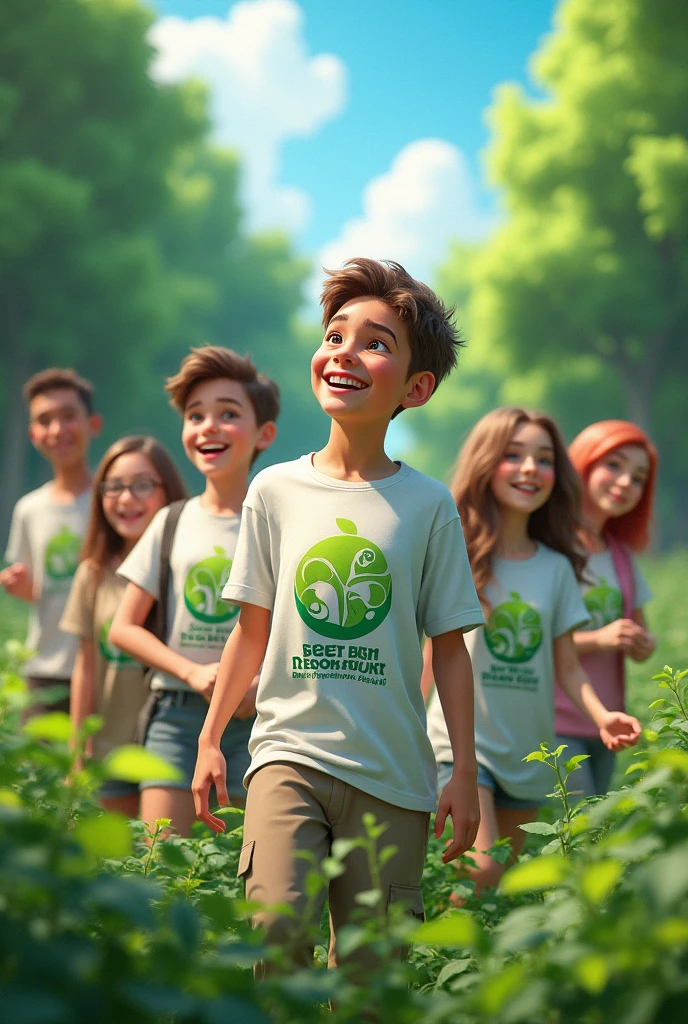 Create an image of young people conserving environment with tshirts written Green ecosystem initiative 