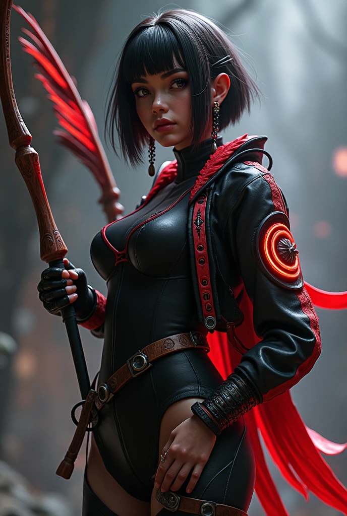 create a full body valorant game style art image, dark-skinned, indigenous traits, with straight short black hair, bangs and red highlights, light brown slanted eyes, with a feather earring and a wetsuit-like outfit and a black and red jacket with feathers, holding a bow with red LED and carved wood details