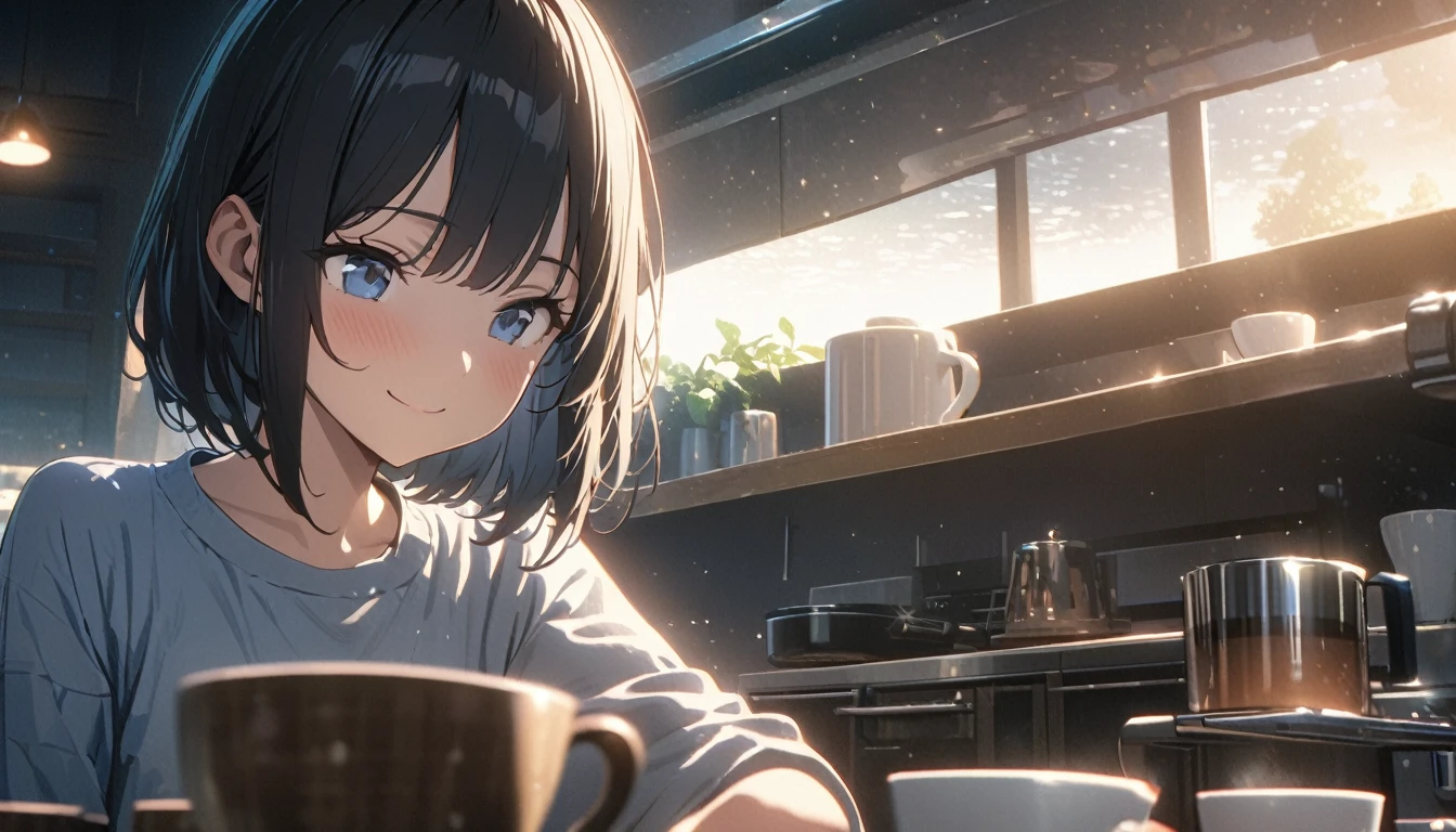 ((ultra-detailed))/three women: (one women with short black hair and bob hair.、beautiful blue eyes,.、smile、gentle smile on her face、flat chest, one Beautiful girl,((masterpiece, illustration, best quality) ((ultra-detailed))/),a girl at her home kitchen making a cup of coffee during the morning,濃い青とBeautiful Blueのグラデーション, High resolution, 8K HD detail, hyper-detail, cinematic, surrealism, soft light, deep field focus bokeh, ray tracing and surrealism. --v6