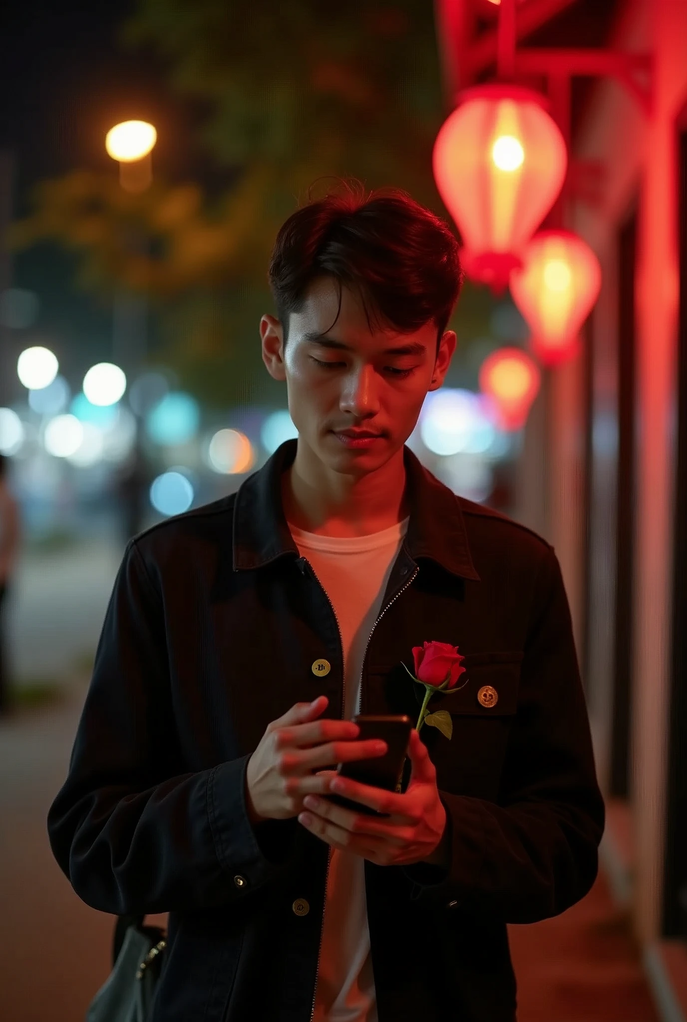 Scene Overview: A handsome young Thai man teenager with fair skin and an oval face, aged 20-25, and holding a phone in hand and red rose in hand Visual Elements: in the night