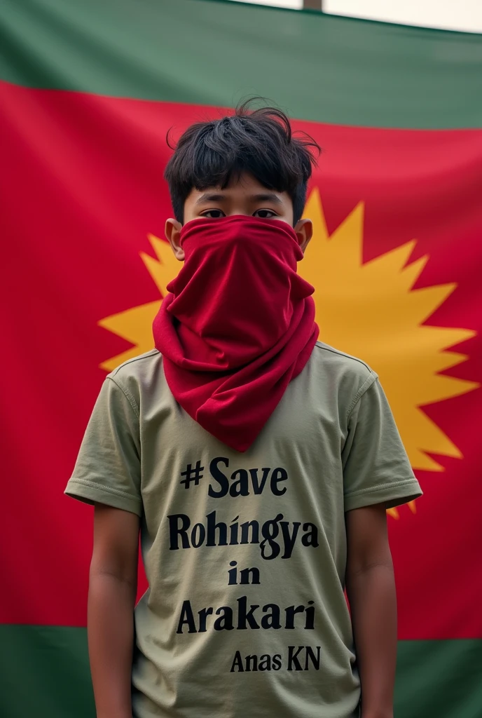 A 23-year-old boy in front of the Rohingya flag on the back. Wearing the T-shirt of Save Rohingya in Arakan. The T-shirt has 'Anas KN' written in English and the face and eyes are covered in red cloth.