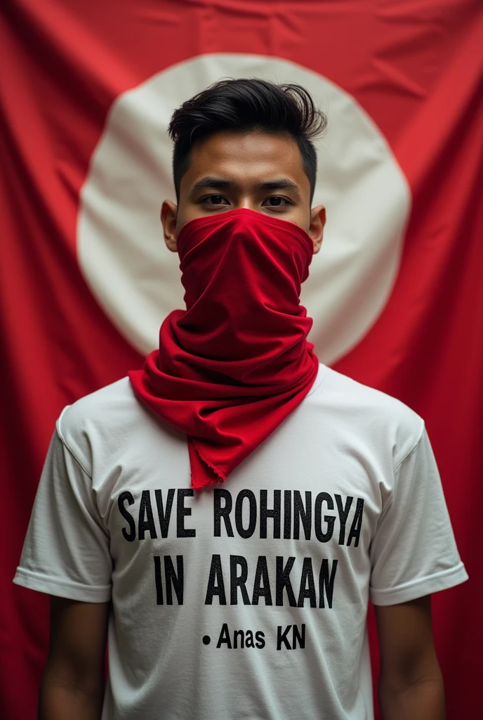 A 23-year-old boy in front of the Rohingya flag on the back. Wearing the T-shirt of Save Rohingya in Arakan. The T-shirt has 'Anas KN' written in English and the face and eyes are covered in red cloth.