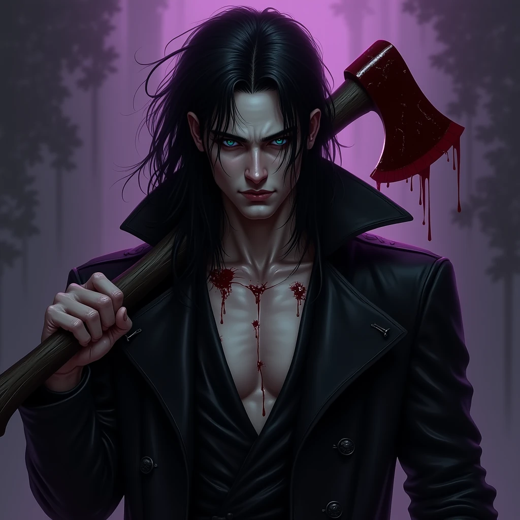 A sexy male with black long hair, teal blue eyes, and delicate facial features. He is wearing a black trench coat and black shiny leather jeans. He has a bloody axe in his hand. Blood splattered on his clothes. He is a wanted serial killer. (No facial hair) (no body hair) (black and purple) (gloomy atmosphere) (Mysterious atmosphere) (((male))) (((a seductive male))) ((best quality)), ((masterpiece)), (detailed). (no facial or body hair) (((MALE))) ((((BOY)))) (Make it realistic) ((Make it a sexy male) he is smirking at the camera and looking down. He looks mysterious. Blood dripping from his clothes.