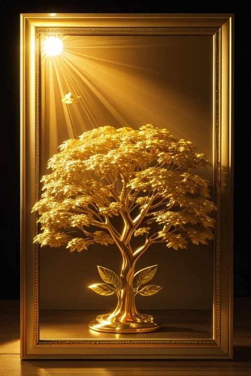 a 3d money tree, the leaves are symbolized by golden banknotes. background illuminated with the color of the setting sun. smooth and beautiful painting.