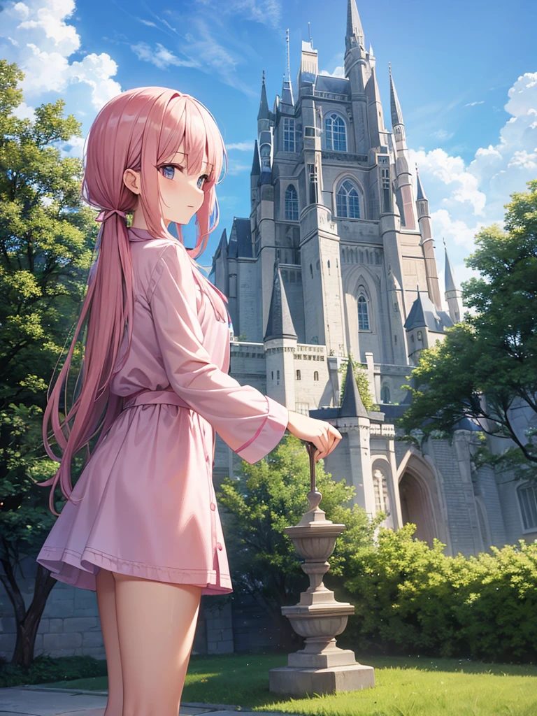 One of them wore pink pajamas at the entrance to a castle in the clouds.