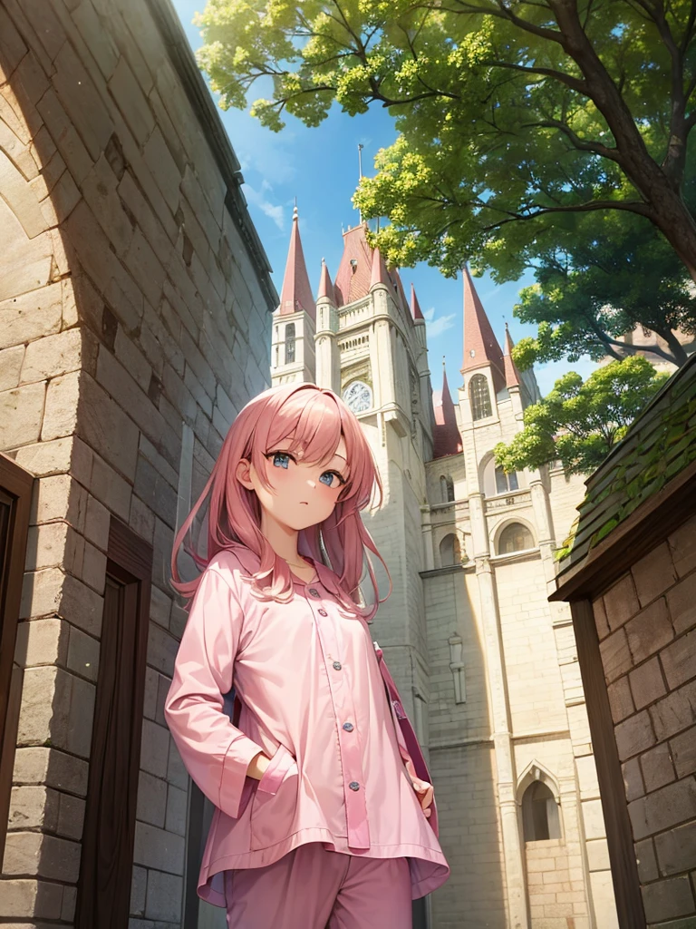 One of them wore pink pajamas at the entrance to a castle in the clouds.