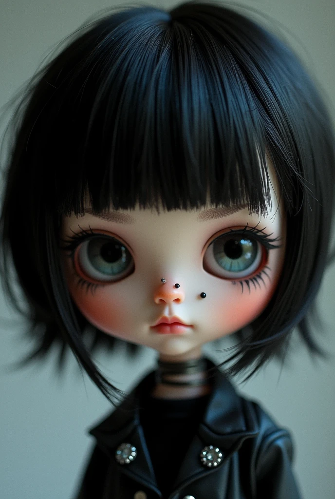asian emo blyth dol with short hush cut whit bangs has septum piercin the doll is close to camera has lot of ear piercings acubi