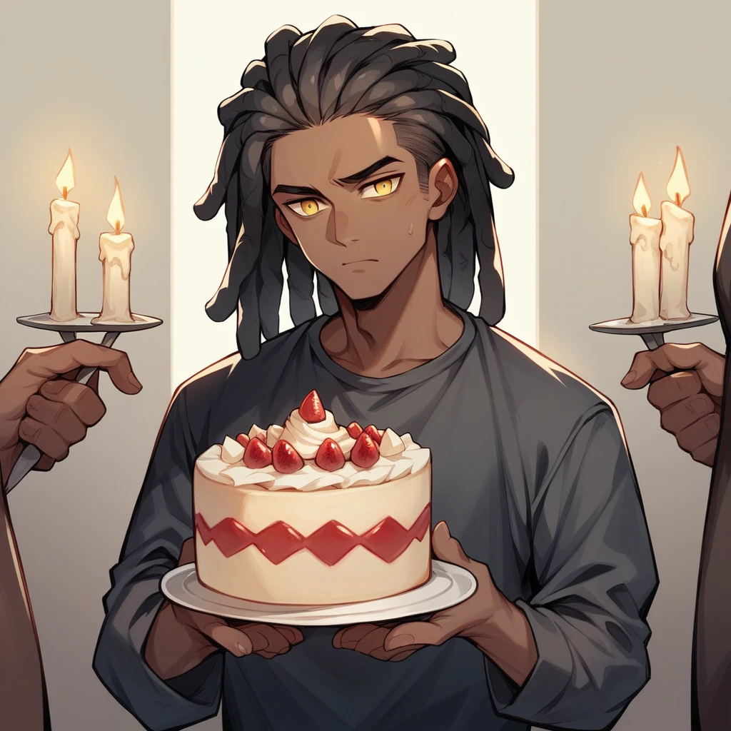 A very handsome, slim, young dark-skinned man, yellow eyes, long white dreadlocks, holds a cake with candles