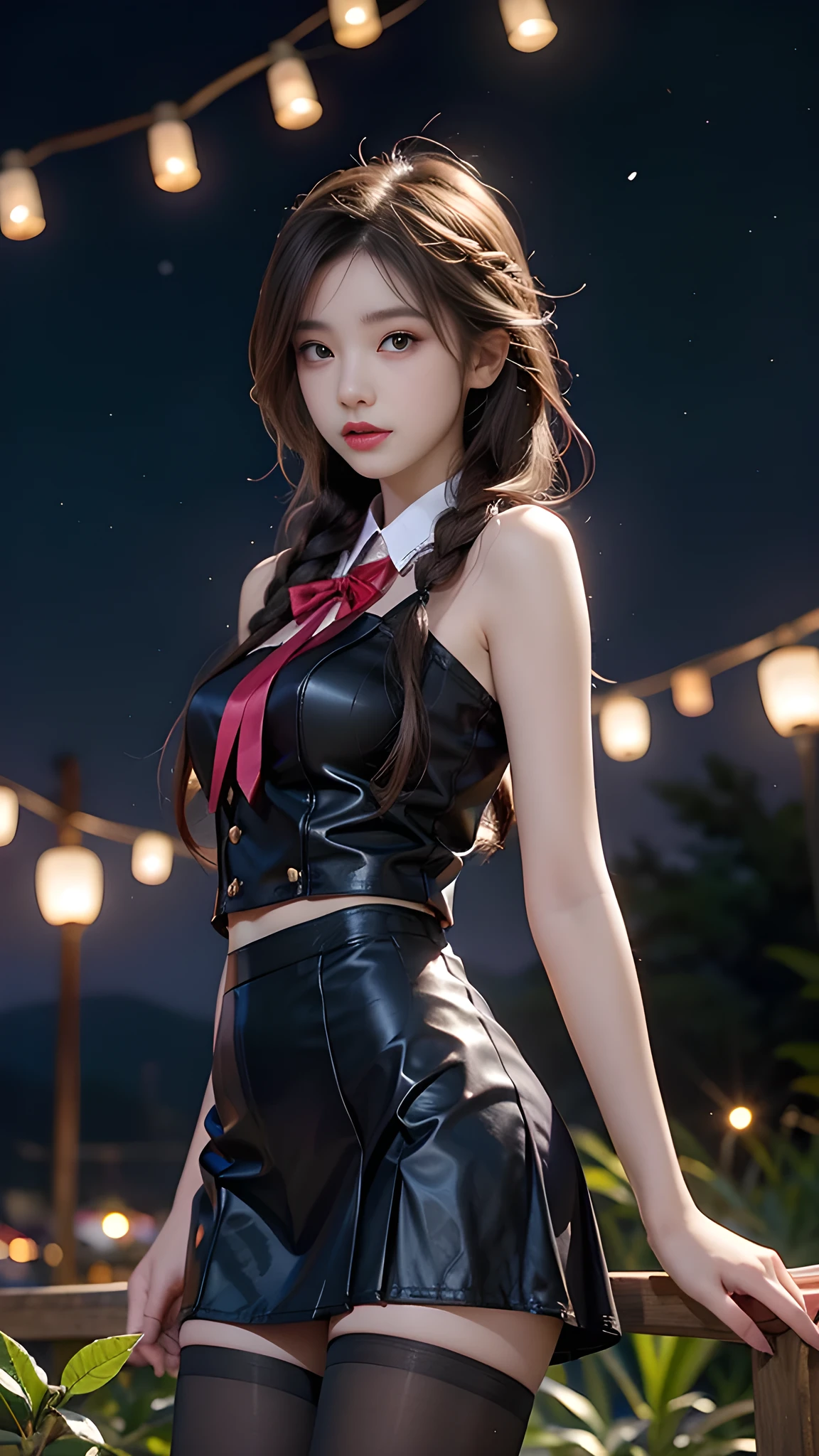 ulzzang-6500-v1.1, (RAW photo: 1.2), (Real photo), (Real photo: 1.4), 1 girl、Perfect anatomy、19 years old、Looking at the camera、Medium length hair、side braids, uniform short skirt, in a surreal royal garden, with many hanging lanterns, under the starry night sky, ((starry night: 1.1))、(Surreal tights: 1.2), (Business service)、Asian eyes Ella,
