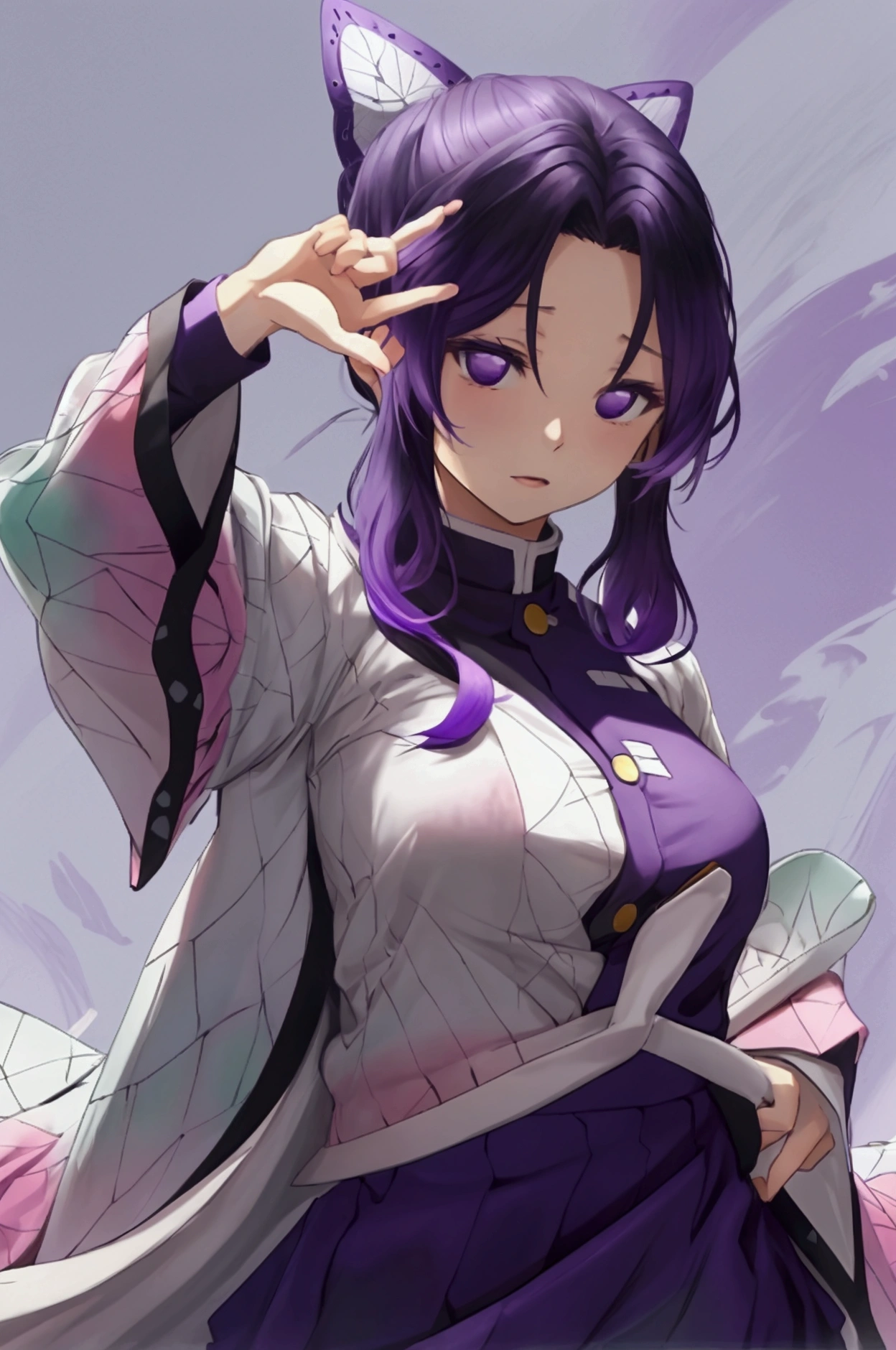 Shinobu,purple hair,looking at viewer,wearing purple brap and purple skirt,one hand fondling her boobs,1 hand above head showping her aprmpit,windy environment,flowing hair