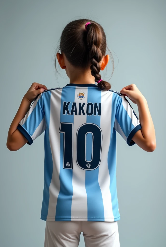 A girl showing her jersey to the audience, put name KAKON and jersey number 10. Jersey should be argentina football team.also put argentina logo. Girl should show the backpart.not face.not human anime type