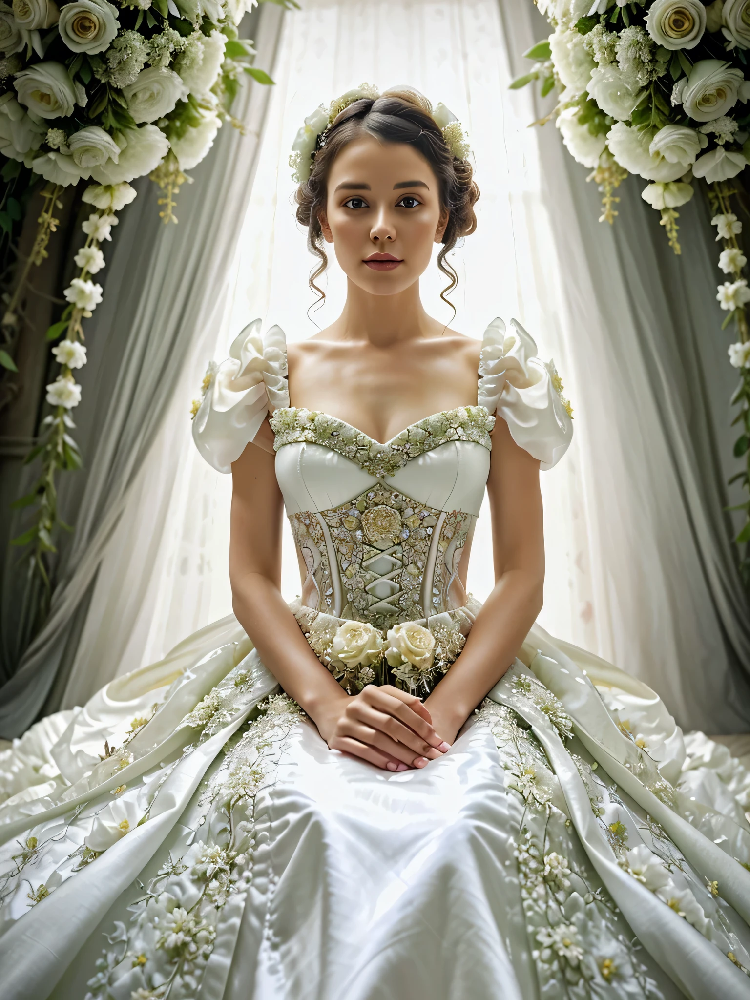 a woman in a white dress sitting on a bed of flowers, intricate fantasy dress, dress in the style of rococo, fantasy long intricate gown, ethereal fairytale, intricate costume design, an intricate dress, elegant baroque, rococo cyberpunk, floral couture, fantasy dress, in a whimsical fairytale forest, intricate gown, intricate victorian dress, style of julia razumova
