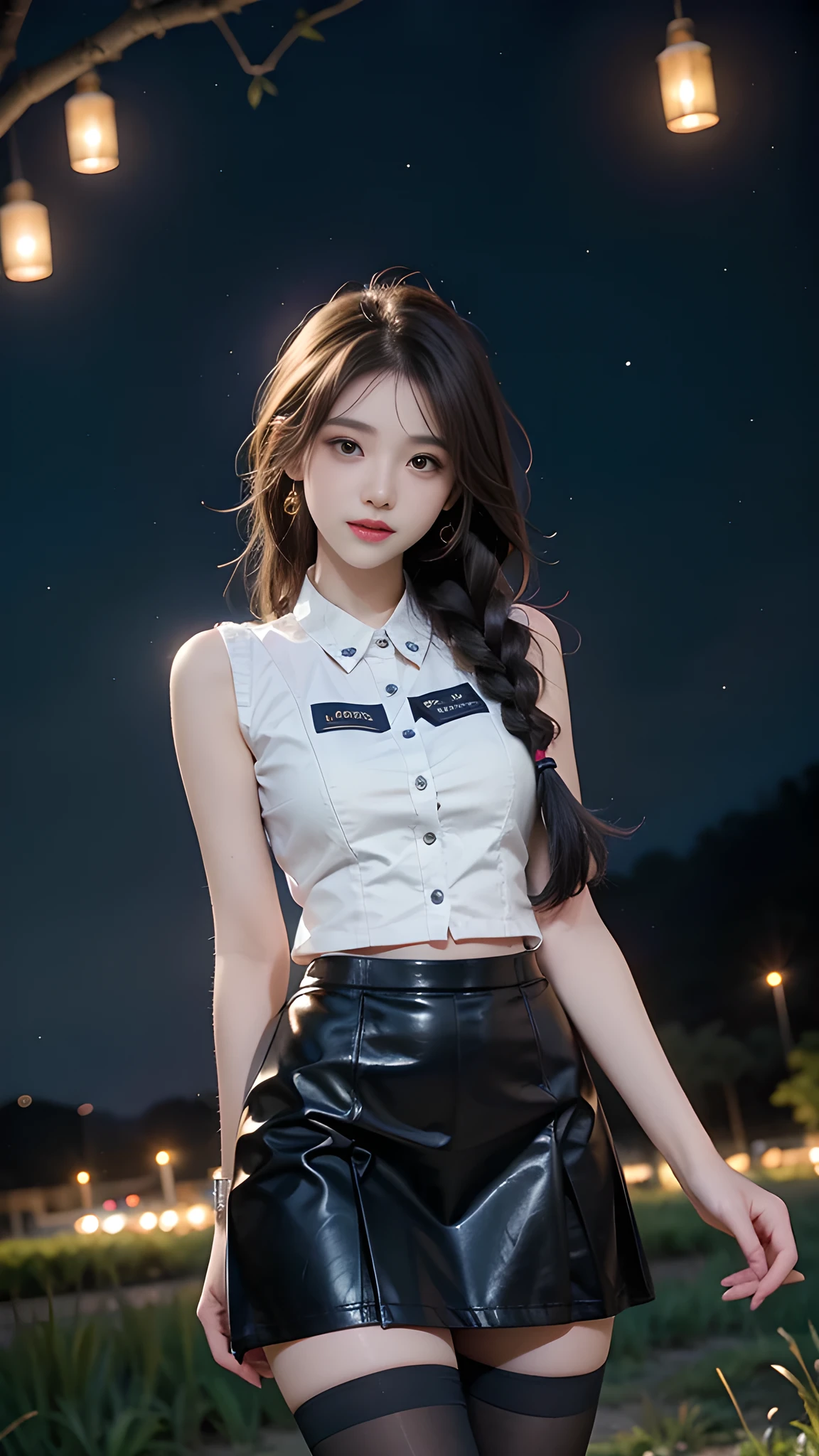ulzzang-6500-v1.1, (RAW photo: 1.2), (Real photo), (Real photo: 1.4), 1 girl、Perfect anatomy、19 years old、Looking at the camera、Medium length hair、side braids, uniform short skirt, in a surreal royal garden, with many hanging lanterns, under the starry night sky, ((starry night: 1.1))、(Surreal tights: 1.2), (Business service)、Asian eyes Ella,